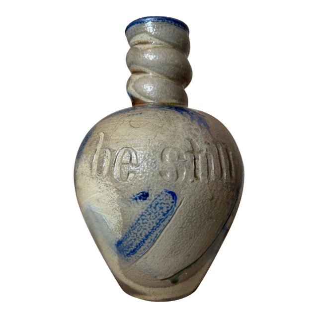 Original 1998 M Whitten Stoneware Be Still Cobalt Wash Sculptural Pottery Vase For Sale