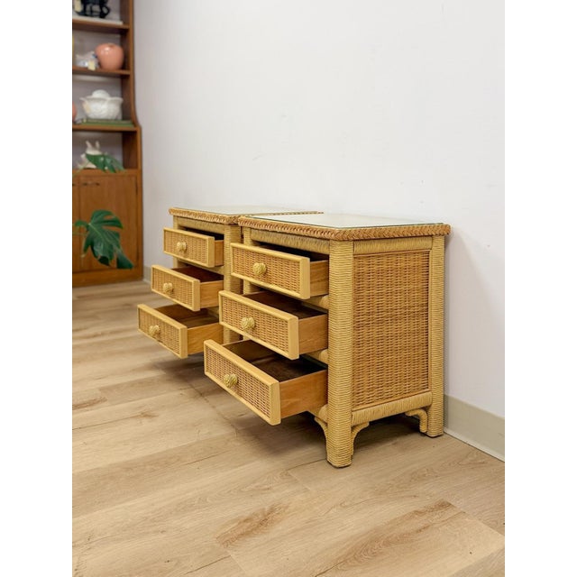 Henry Link Wicker 3-Drawer Pair of Nightstands Vintage Coastal Hollywood Regency For Sale - Image 12 of 13