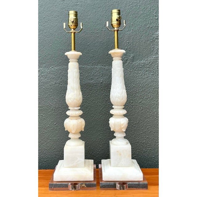 White Vintage Carved Stone Column Lamp - A Pair For Sale - Image 8 of 12