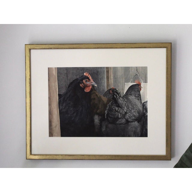 This watercolor on paper depicts a close-knit group of chickens, rendered with meticulous attention to detail. The...