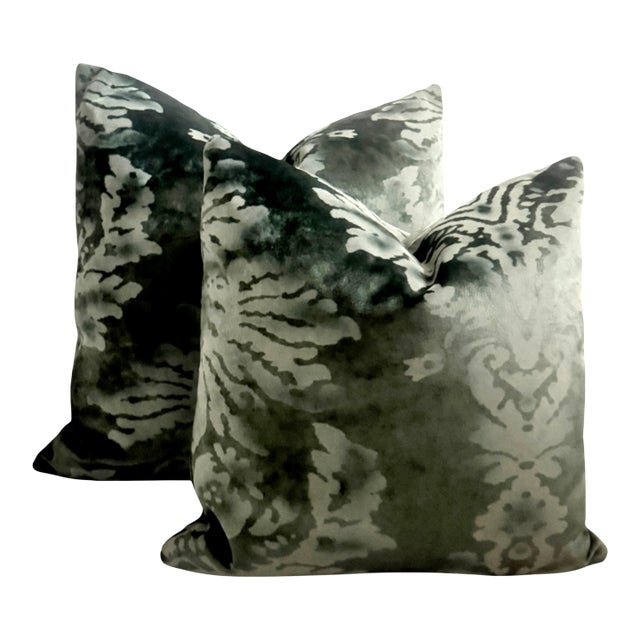 Venezia Verde Velour Velvet Pillows - A Pair For Sale