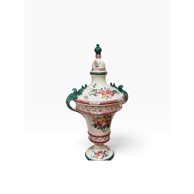 Veuve Perrin Factory 1 of 2 Huge Antique French Faience Pottery Covered Urn For Sale - Image 4 of 7