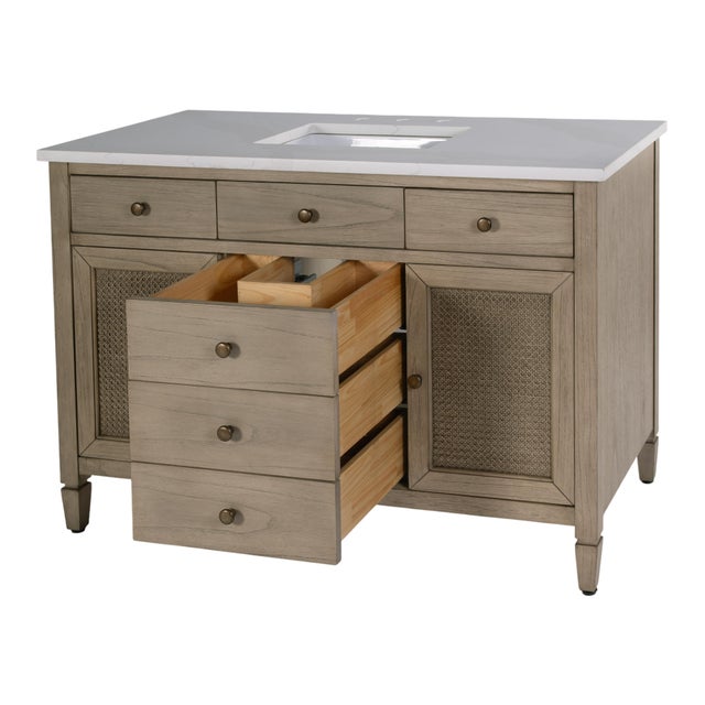 Flagstaff 48 in W. Wood & Quartz 5 Drawer Single Sink Bathroom Vanity, Desert Sand For Sale In Chicago - Image 6 of 11
