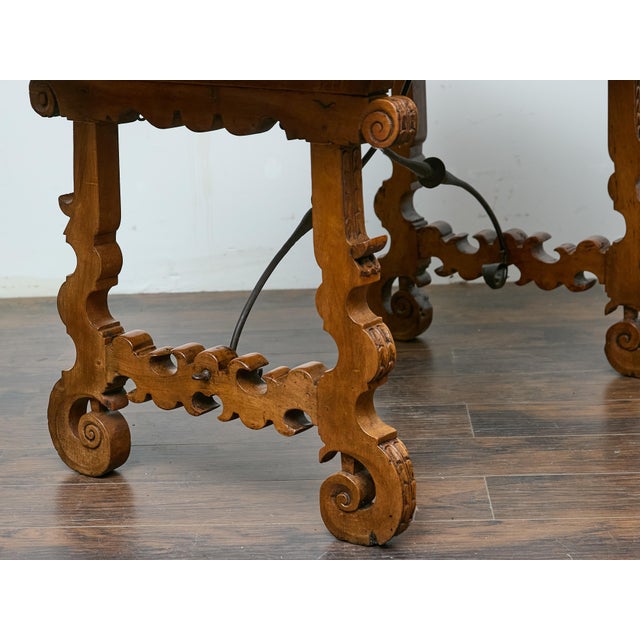 Wood Spanish 18th Century Walnut Fratino Table with Carved Legs and Iron Stretcher For Sale - Image 7 of 12