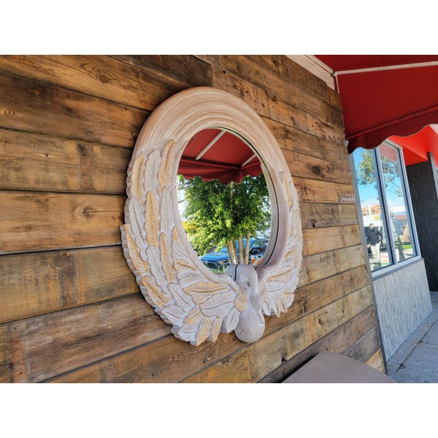 1980s Modern Carved Wood Demi Lune Console Table With Round Wall Mirror For Sale - Image 17 of 18