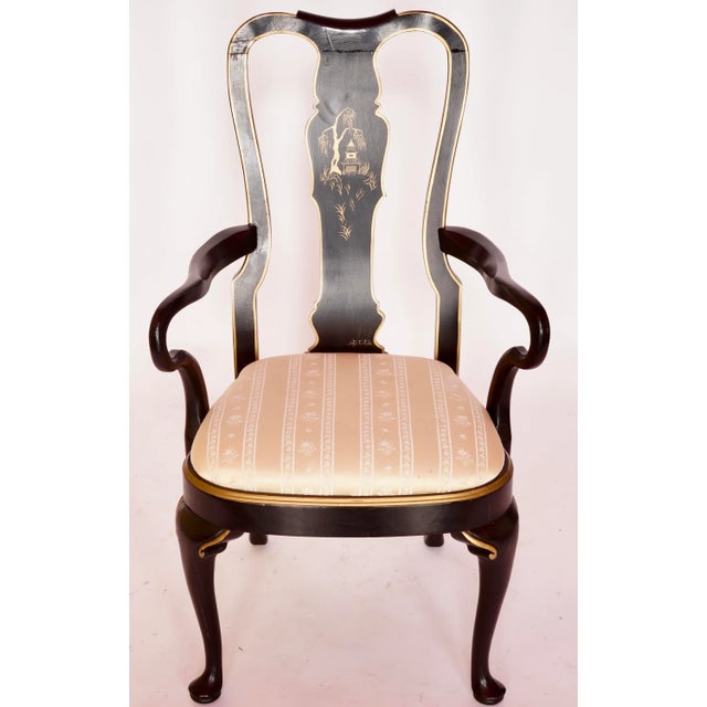 1980s Chinoiserie Black Lacquer Dining Chairs in the Style of Drexel- Set of 6 For Sale - Image 11 of 13