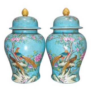 Pair of Chinese Enameled Porcelain Temple Jars | Turquoise Ground Pheasant & Floral Motif For Sale