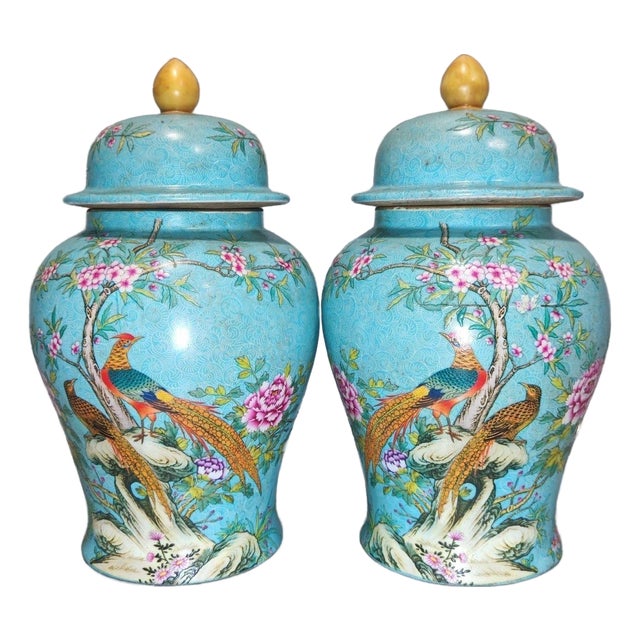 Pair of Chinese Enameled Porcelain Temple Jars | Turquoise Ground Pheasant & Floral Motif For Sale