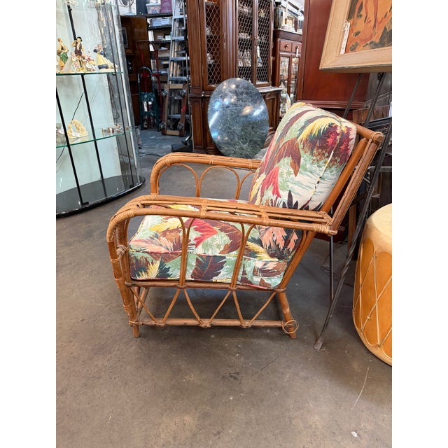 Mid 20th Century Pair of Mid-Century Rattan Lounge Chairs With Tropical Botanical Upholstery For Sale - Image 5 of 11