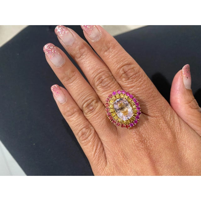 6.32 Carat Natural Pink Morganite Sapphire Yellow Gold Cocktail Ring, Size 7 For Sale In Los Angeles - Image 6 of 9