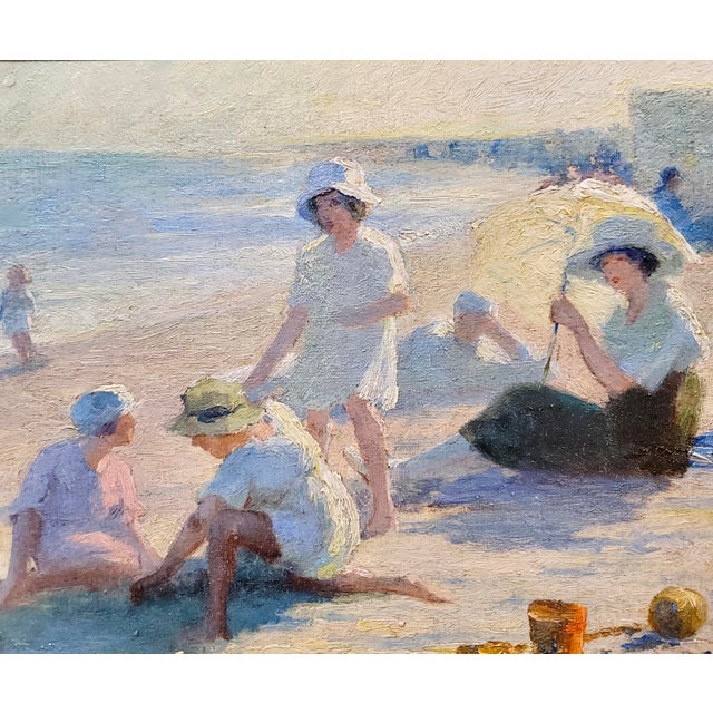 1920s Jean Aristide Rudel- Mothers & Young Daughters at the Beach W/Parasol -1920s Oil Painting For Sale - Image 5 of 11