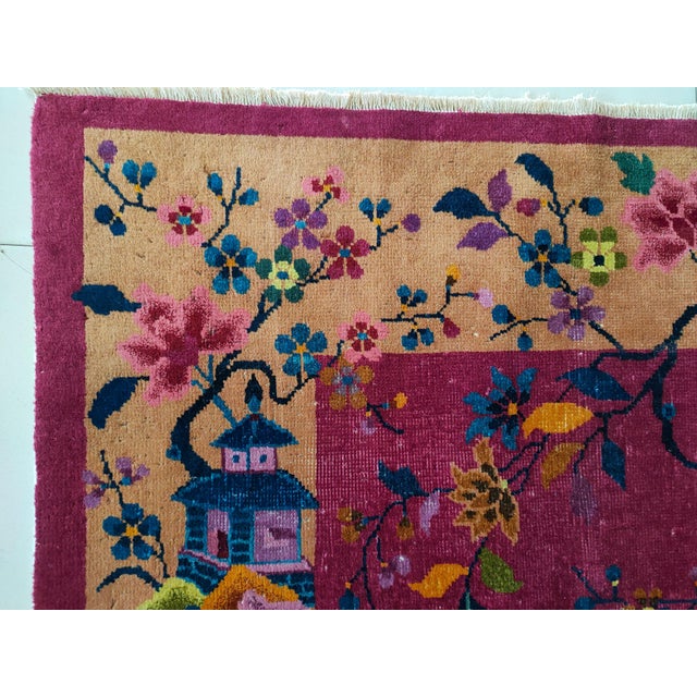 Early 20th Century 1920s Dark Pink Floral Open Field Antique Chinese Art Deco Rug 6' X 8'8" Handknotted Wool Carpet For Sale - Image 5 of 10