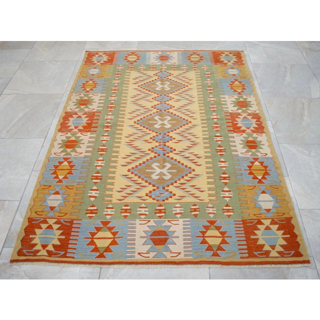 Yellow Hand Woven Super Fine Turkish Oushak Kilim Ultra Quality Flat Weave Wool Rug - 3′9″ × 5′4″ For Sale - Image 8 of 16