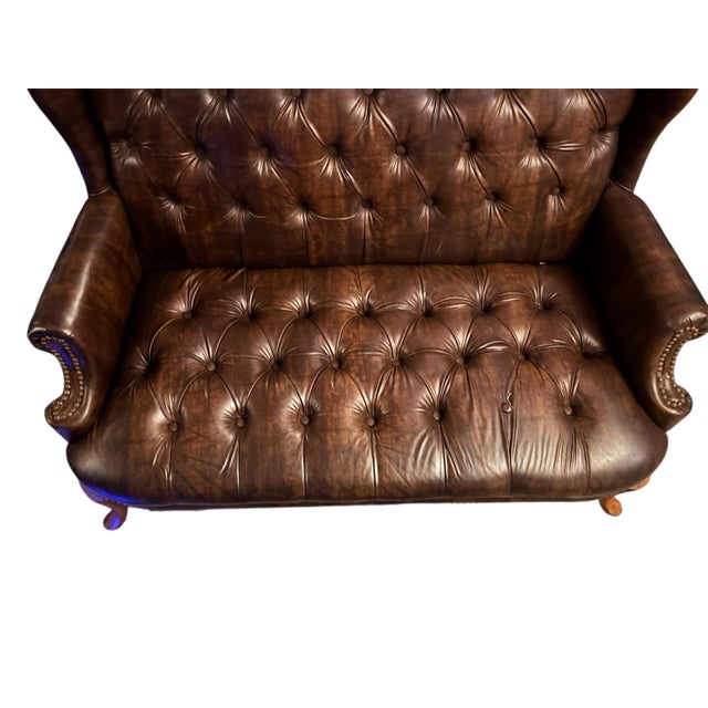 Vintage English Chesterfield Tufted Oxblood Leather Wingback Settee For Sale - Image 10 of 12