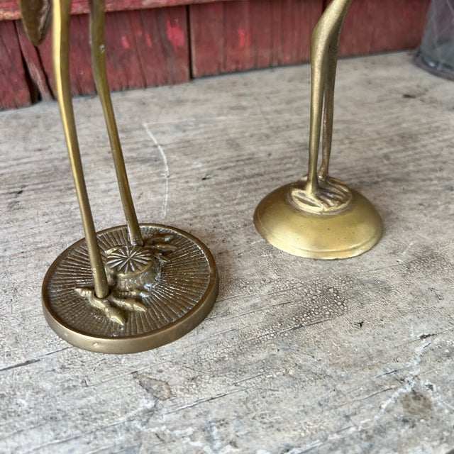 Vintage Brass Crane Bird Statues Elegant Mid Century Decorative Sculpture Pair For Sale - Image 4 of 14
