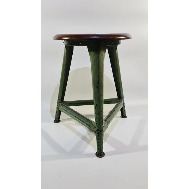 Industrial Stool in Dark Brown Wood and Green Metal, Germany, 1950s For Sale - Image 4 of 14
