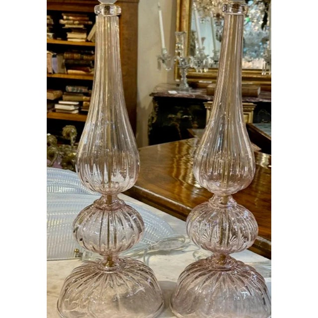 Glass Pair of Pink Murano Glass Lamps For Sale - Image 7 of 8