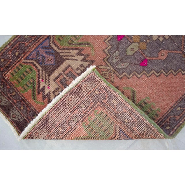 Distressed Low Pile Turkish Yastik Petite Rug Hand Knotted Faded Mat - 21'' X 42'' For Sale - Image 9 of 13