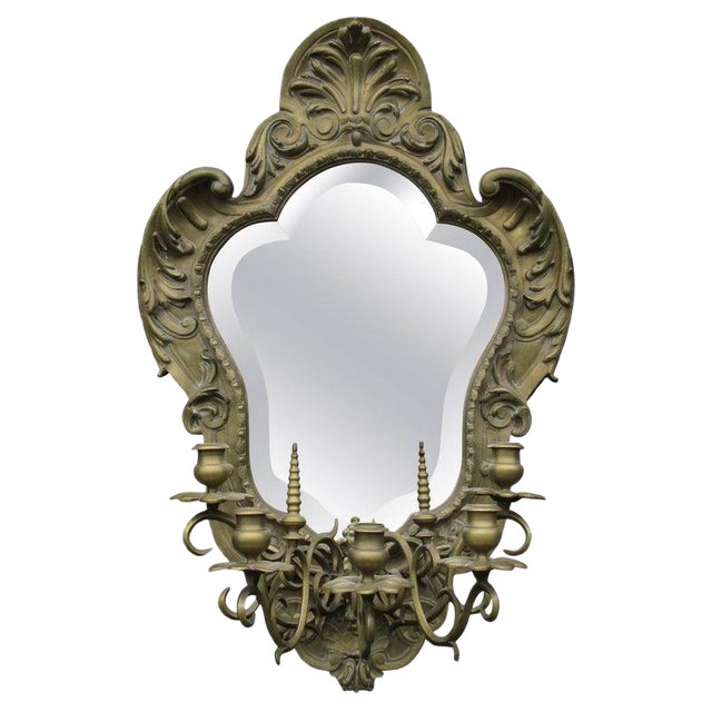 19th Century Gilt Brass Mirror with Five Branch Candelabra For Sale