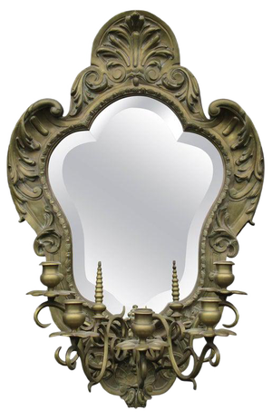 19th Century Gilt Brass Mirror with Five Branch Candelabra