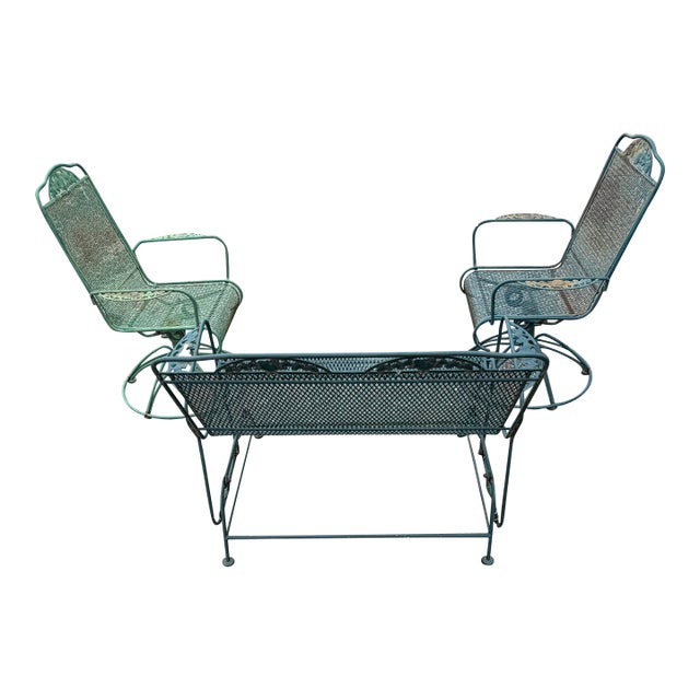 Vintage Wrought Iron Woodard Conversation Set Glider & 2 Swivel Chairs, Attributed For Sale