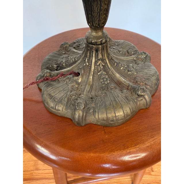 Metal Antique Art Nouveau Slag Glass Table Lamp With Beaded Fringe For Sale - Image 7 of 10