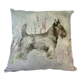 Square Pillow Decorated With a Stoic Scottie Terrier Dog Portrait - Made in the U K For Sale