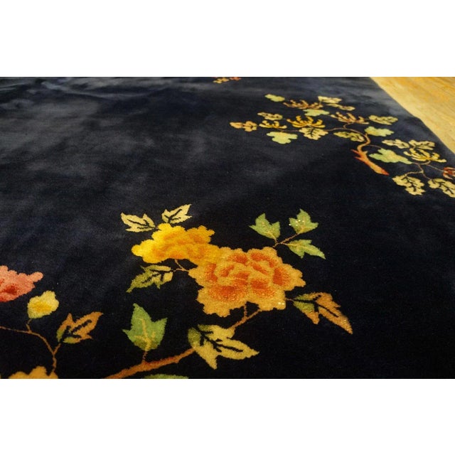 Black 1920s Navy Blue Floral Tree Antique Chinese Art Deco Carpet 8' 10'' X 11' 7'' Knotted Wool Rug For Sale - Image 8 of 9