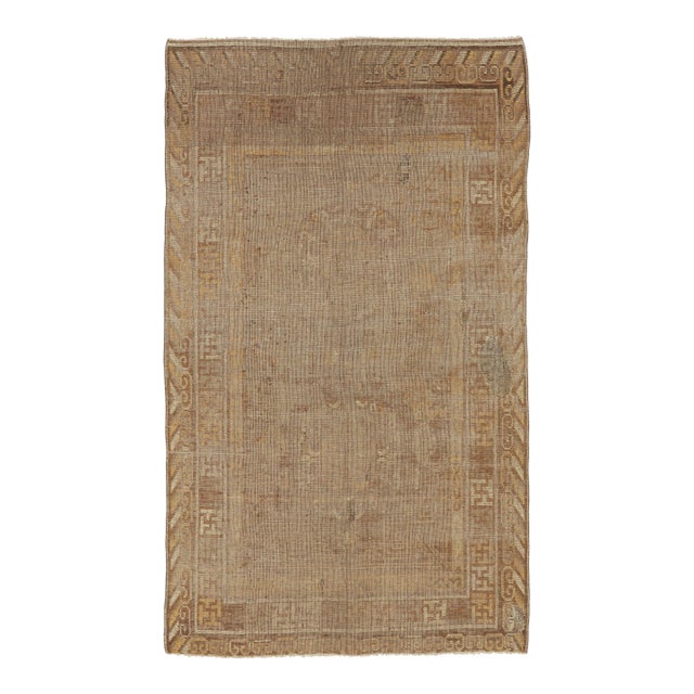 Antique Distressed Khotan Rug in Brown & Gold Geometric Design - Rug & Kilim For Sale