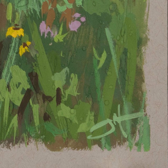 This gouache painting captures a vibrant field of wildflowers, showcasing a lush array of colors amidst a backdrop of soft...