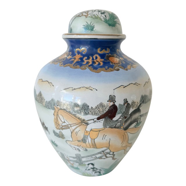 Vintage Hand-Painted Ginger Jar With Equestrian Scene For Sale