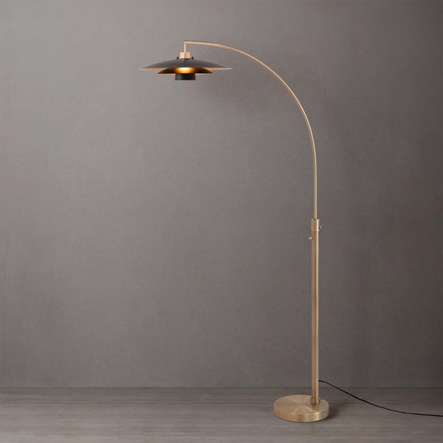 Nova Nova of California Float Chairside Arc Floor Lamp - Weathered Brass Steel Base, Fleur Matte Black/Gold Tiered Shade, Dimmable Sculptural Cantilever For Sale - Image 4 of 8