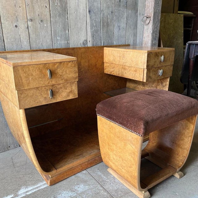 Glass Art Deco Burr Walnut Dressing Table and Stool For Sale - Image 7 of 7