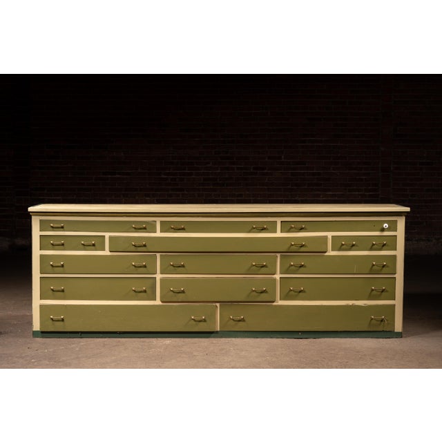 Industrial Antique Monumental General Store Counter Cabinet in Olive Green For Sale - Image 3 of 9