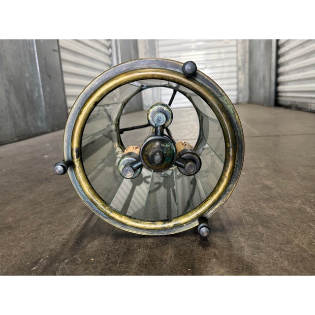 1950s 3-Light Brass & Belved Glass Cylinder Foyer Chandelier / Lantern For Sale - Image 9 of 12