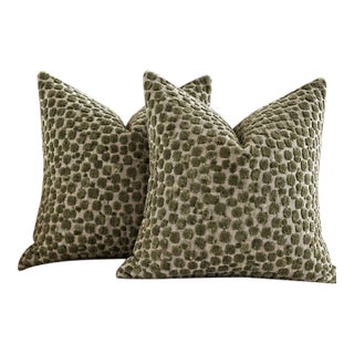 Pair of Kravet Thom Filicia Flurries Forest Green Velvet 22" Pillows For Sale