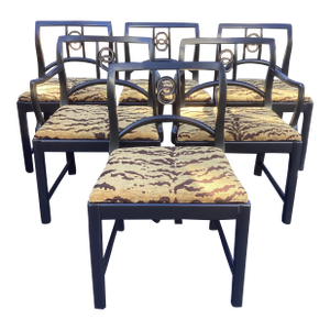 1950s Set of Six Black Lacquered Michael Taylor for Baker Attributed Dining Chairs in Kravet Tiger Eye