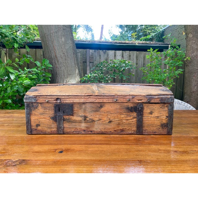 Antique French Wood Iron and Hide Chest For Sale - Image 14 of 15