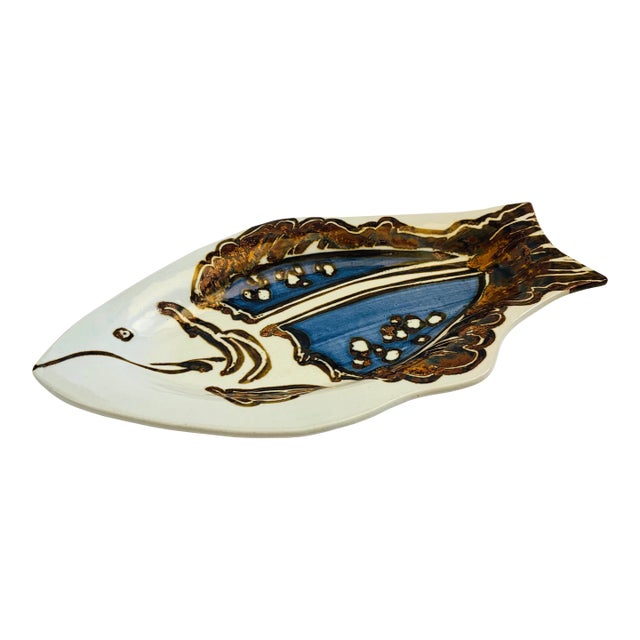 Vintage Large Ceramic Fish Platter, Hand Painted, Late 20th Century, Signed For Sale