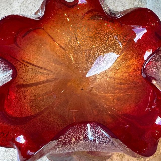 1970s Vintage Red and Silver Leaf Murano Glass Style Bowl For Sale - Image 5 of 7