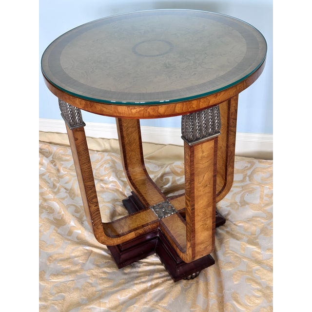 Late 20th Century Late 20th Century Maitland-Smith Art Deco Style Round Burlwood and Glass Accent Table For Sale - Image 5 of 17