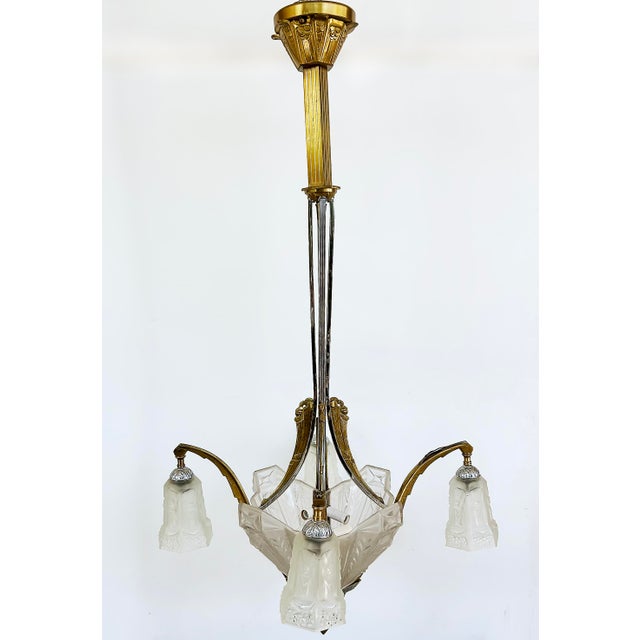 1930s Art Deco Gilt, Silvered Bronze Chandelier, Frosted Glass Shades For Sale - Image 12 of 14
