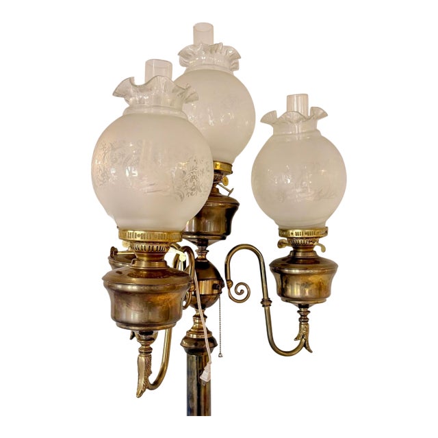 Rare Antique Brass Electrified Kerosene Torchiere w/ 4 Glass Globes 6ft+ Tall Original Kerosene Torchiere Converted to...