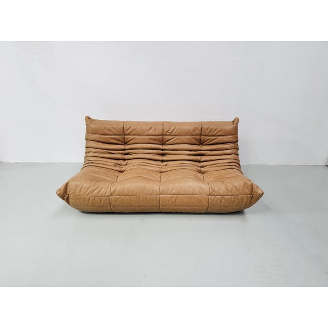 Animal Skin French 3-Seater Togo Sofa in Camel Leather attributed to Michel Ducaroy for Ligne Roset For Sale - Image 7 of 14