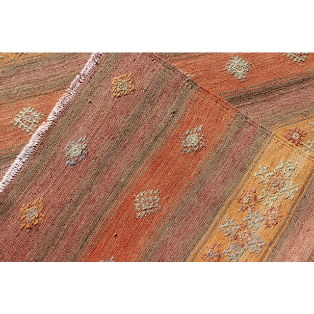 Vintage Hand Woven Turkish Kilim Colorful Stripe Runner With Tribal Motifs For Sale - Image 11 of 12