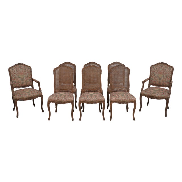 Set of 8 French Louis XV Style Cane Back Dining Chairs - New Upholstery For Sale