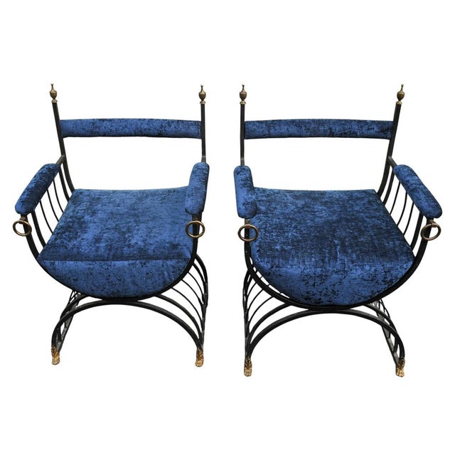 Mid-Century Modern Savonarola Chairs with Blue Velvet Upholstery, 1960s, Set of 2 For Sale - Image 10 of 11