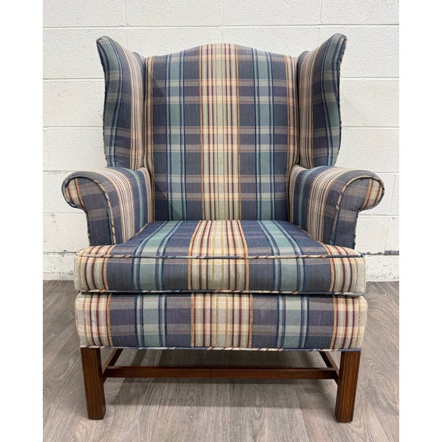 Vintage Wingback Plaid Upholstered Armchair For Sale - Image 4 of 11