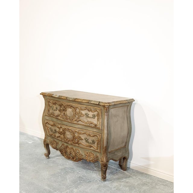 French Provincial 19th Century French Marble Carved Demilune Bombe Bowed Green Chest For Sale - Image 3 of 10