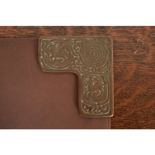 Metal Tiffany Studios New York Zodiac Pattern Bronze Blotter Corners With Leather Desk Blotter For Sale - Image 7 of 14